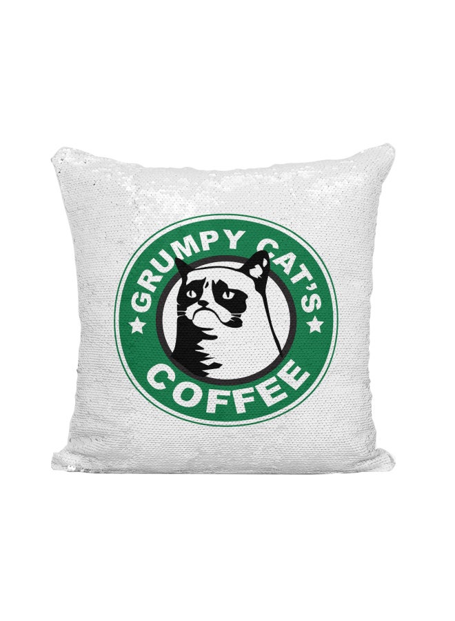 وسادة زينة مطرزة بالترتر ومطبوع عليها شعار ستاربكس وعبارة "Grumpy Cat's Coffee" فضي / أبيض/أخضر 16x16بوصة - Image 1