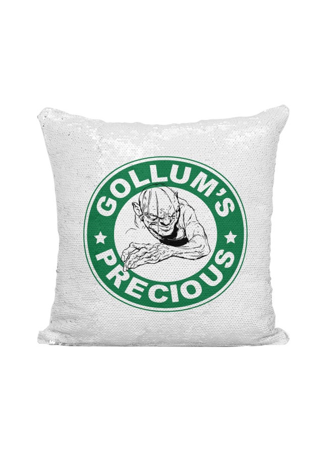 Starbucks Lord Of The Rings Gollum Precious Printed Sequined Throw Pillow Silver/White/Green 16x16inch - Image 1