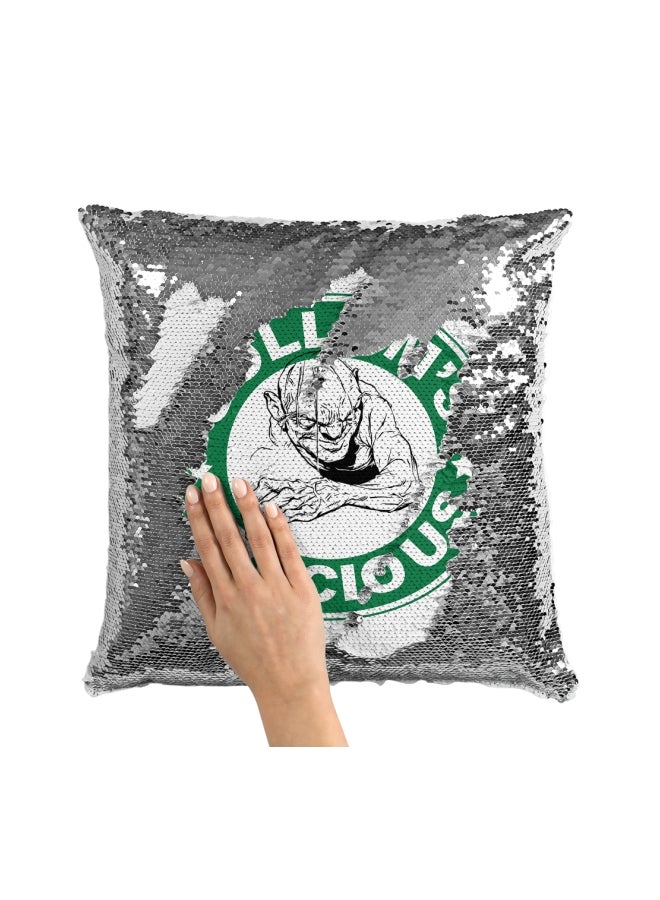 Starbucks Lord Of The Rings Gollum Precious Printed Sequined Throw Pillow Silver/White/Green 16x16inch - Image 3