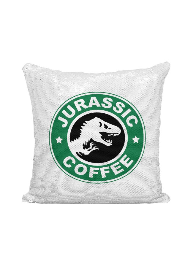 وسادة ديكور مطرزة بالترتر بطبعة تحمل شعار ستاربكس وJurassic Park Coffee فضي / أبيض/أخضر 16x16بوصة - Image 1