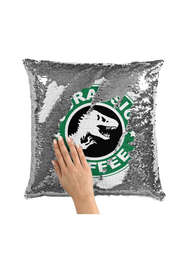 وسادة ديكور مطرزة بالترتر بطبعة تحمل شعار ستاربكس وJurassic Park Coffee فضي / أبيض/أخضر 16x16بوصة - Image 3