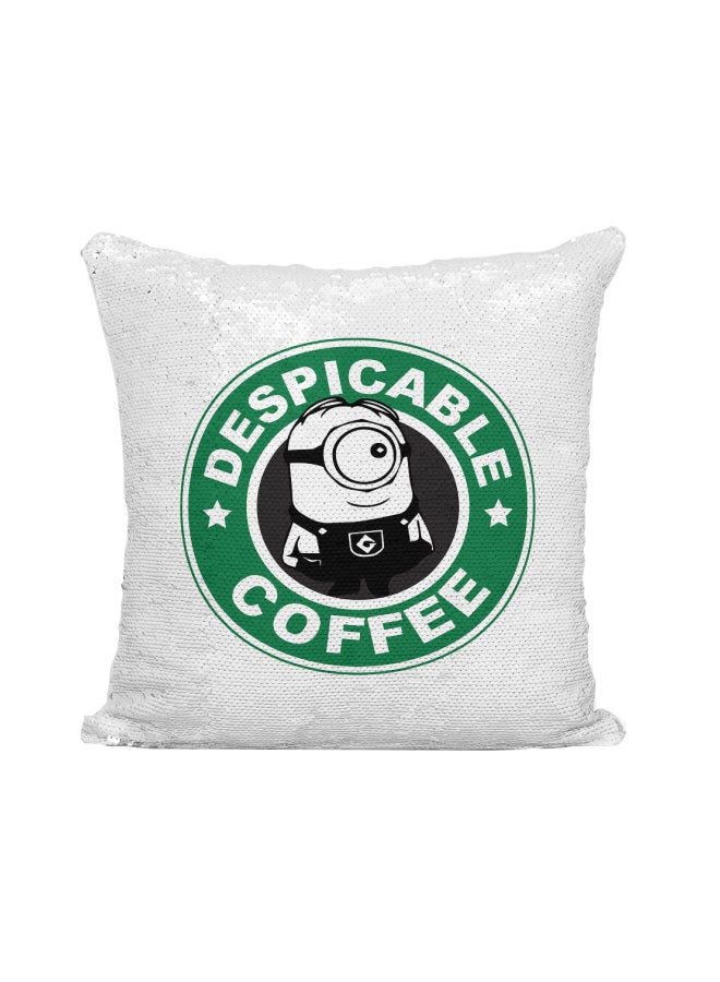 وسادة زينة مطرزة مطبوع عليها شعار ستاربكس بعبارة "Despicable Coffee" وشخصية المينيون فضي / أبيض/أخضر 16x16بوصة - Image 1
