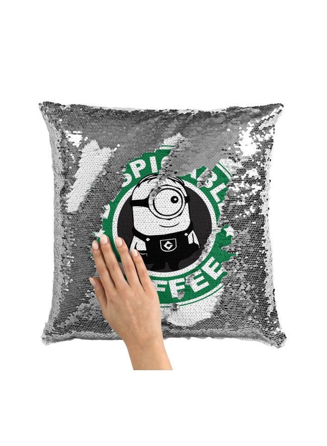 وسادة زينة مطرزة مطبوع عليها شعار ستاربكس بعبارة "Despicable Coffee" وشخصية المينيون فضي / أبيض/أخضر 16x16بوصة - Image 3