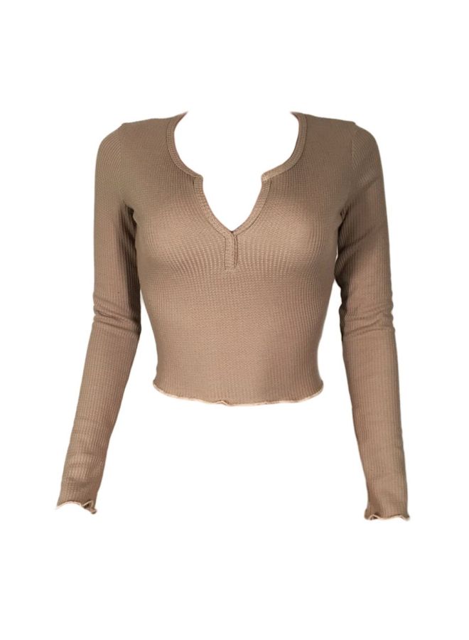 Long Sleeves Pullover Cropped Top Camel - Image 1
