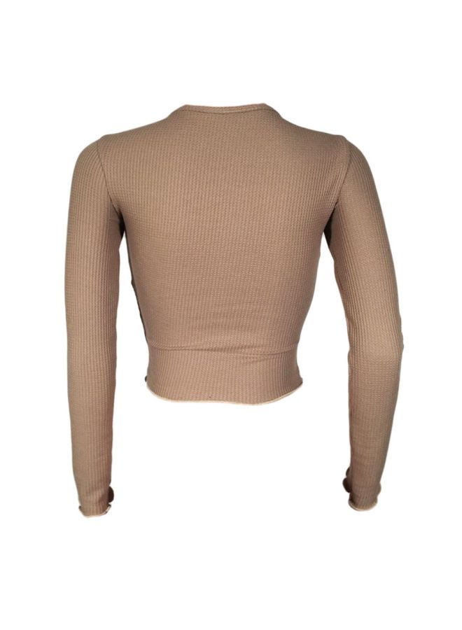 Long Sleeves Pullover Cropped Top Camel - Image 2