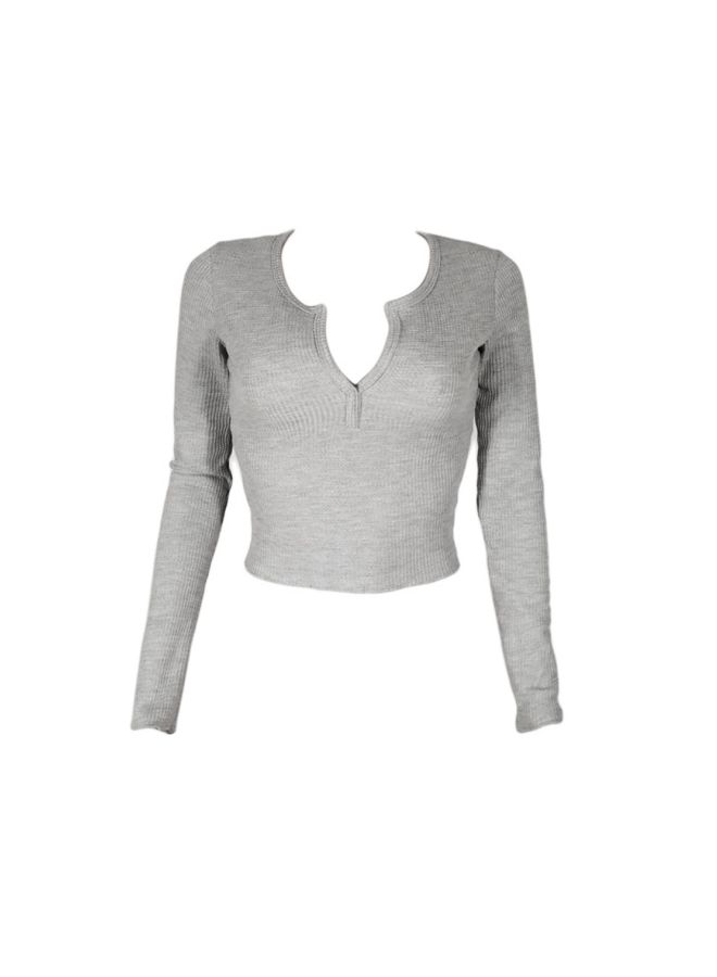Long Sleeves Pullover Cropped Top Grey - Image 1