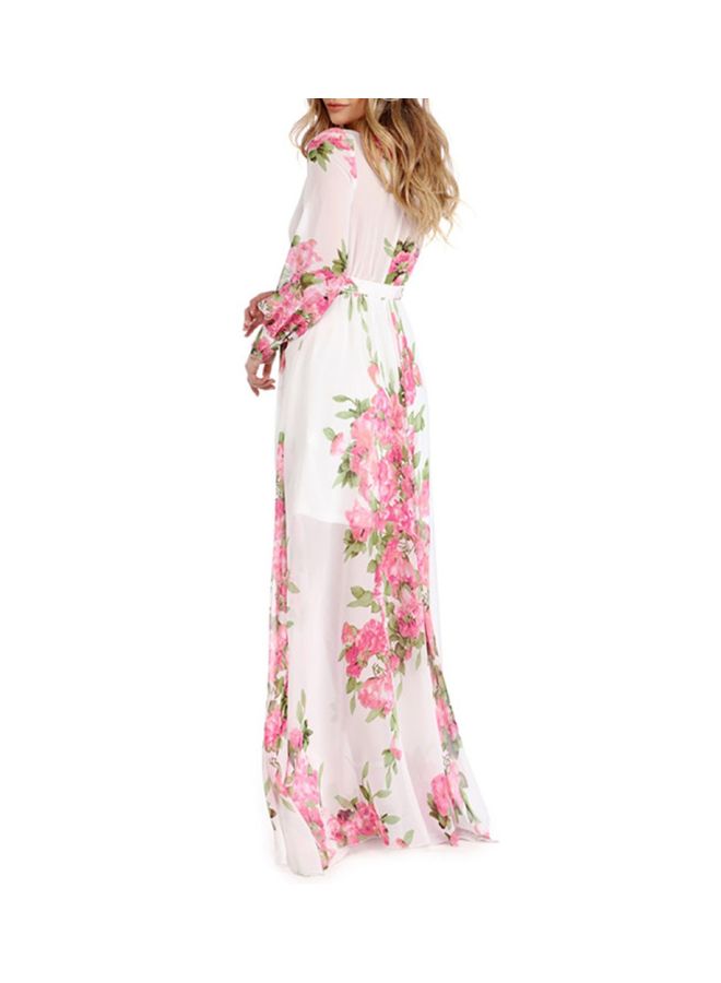 Floral Printed Long Sleeves Long Dress Rose/White/Green - Image 2