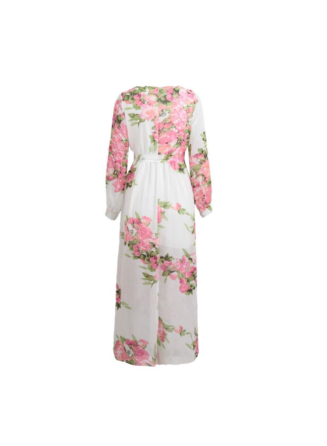 Floral Printed Long Sleeves Long Dress Rose/White/Green - Image 3