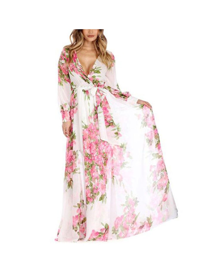 Floral Printed Long Sleeves Long Dress Rose/White/Green - Image 1