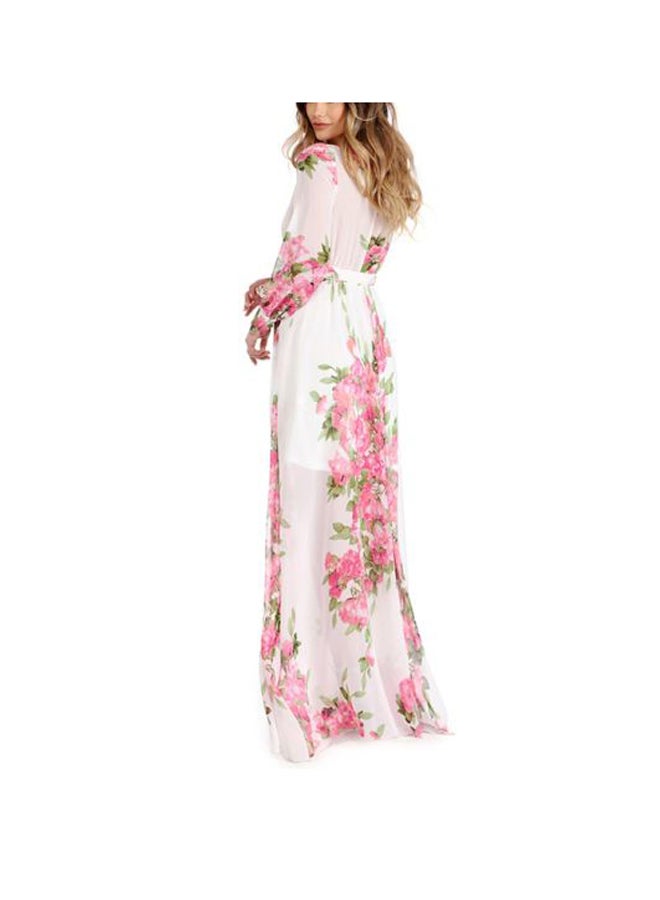 Floral Printed Long Sleeves Long Dress Rose/White/Green - Image 4