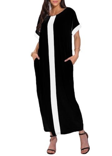 Contrast Panel Short Sleeves Maxi Dress Black/White  - Image 5