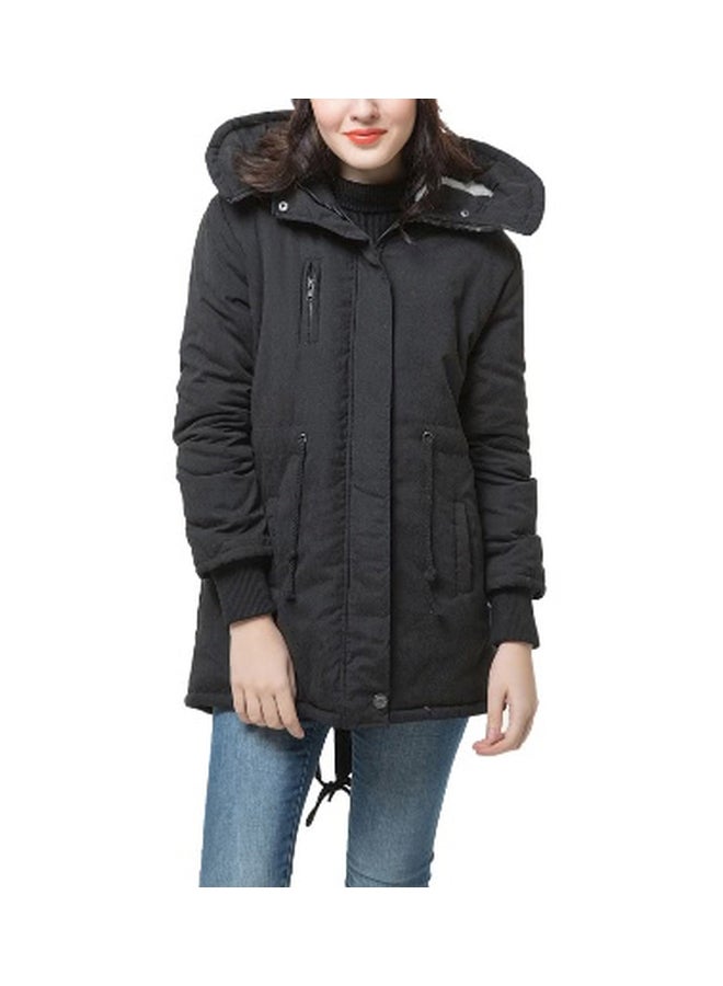 Parka Warm Overcoat Long Jacket With Hoodie Black - Image 1