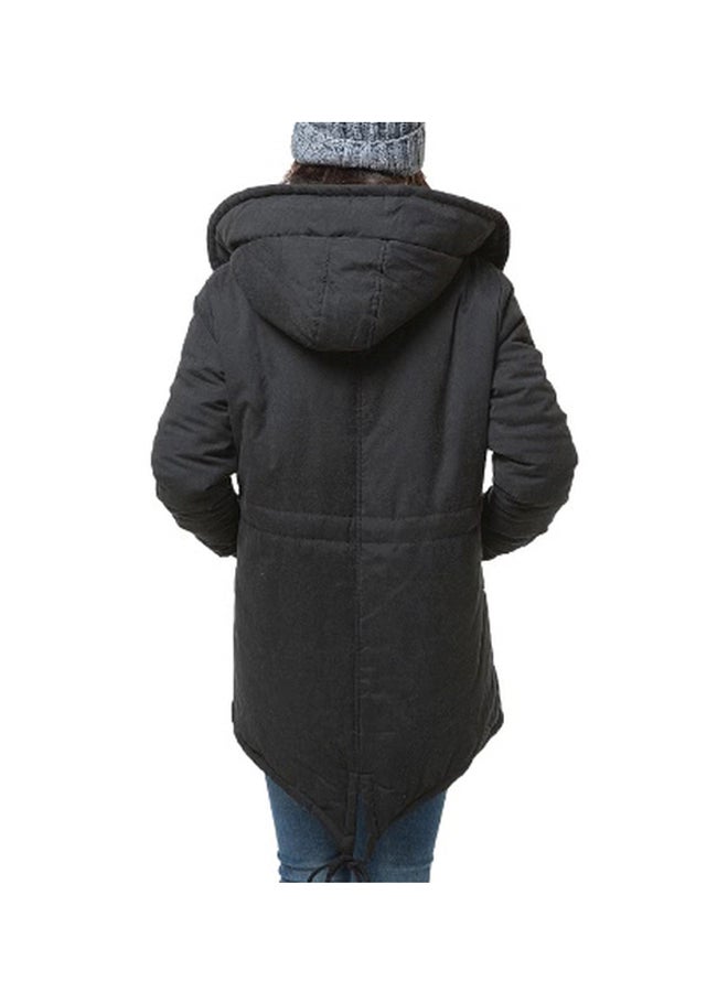Parka Warm Overcoat Long Jacket With Hoodie Black - Image 3
