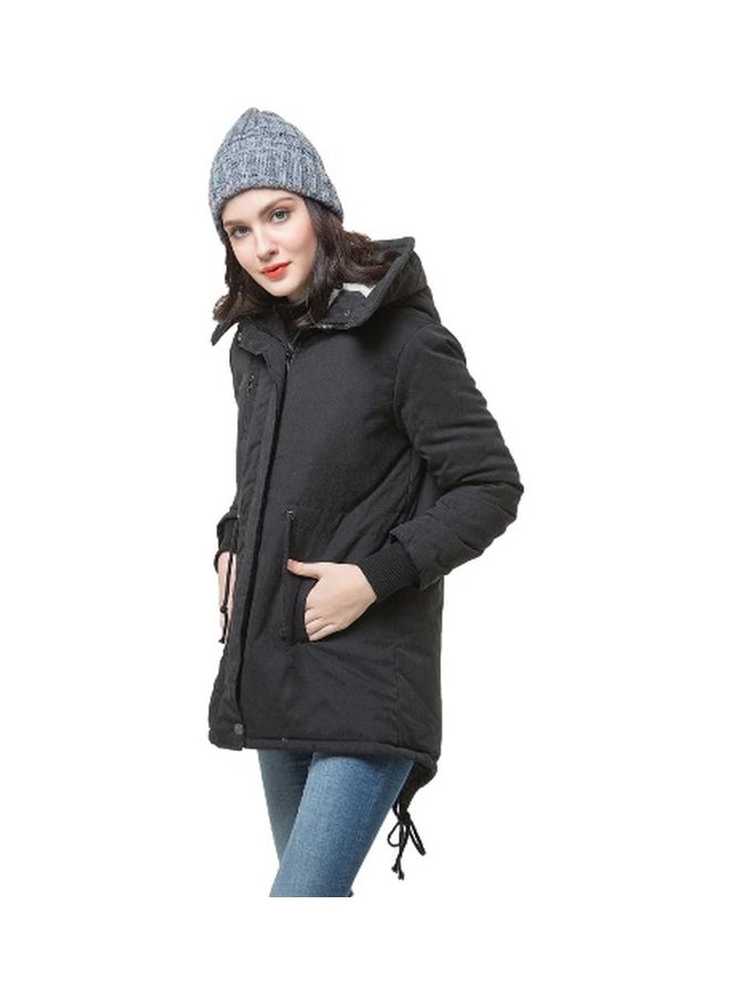 Parka Warm Overcoat Long Jacket With Hoodie Black - Image 5