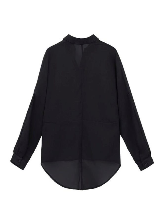 بلوزة طويلة سادة بأكمام طويلة تناسب فصل الربيع أسود - Image 2