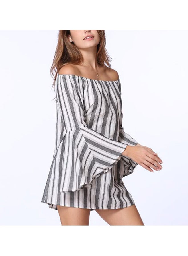 Striped Off Shoulder Dress White/Grey - Image 3
