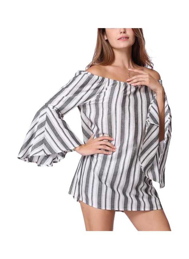 Striped Off Shoulder Dress White/Grey - Image 1
