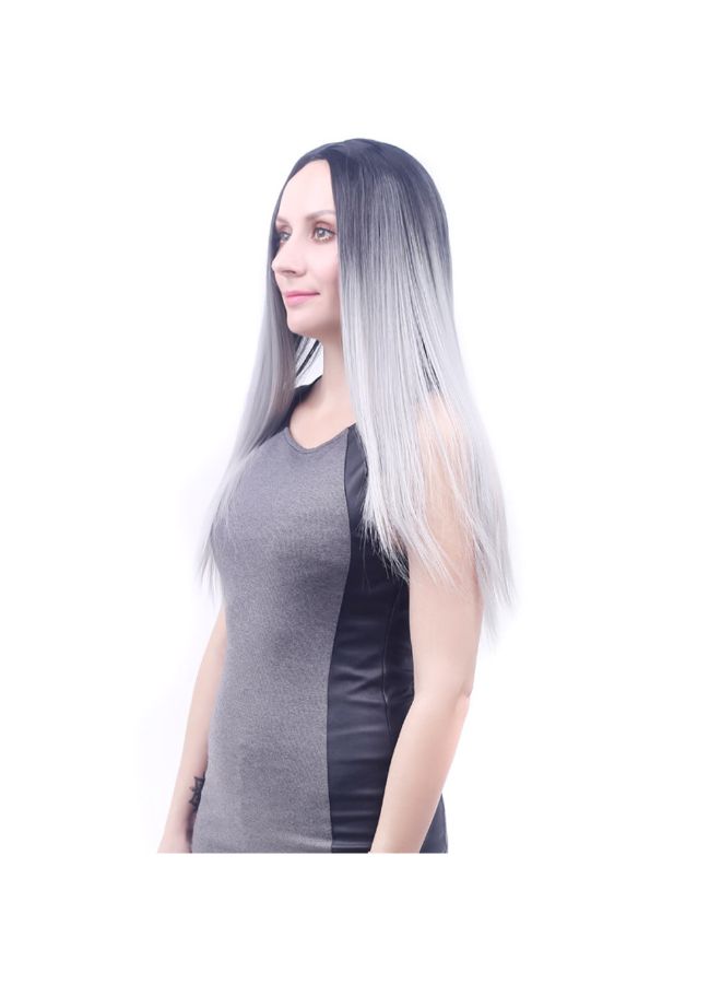 Voberry Cosplay Party Granny Gray  Long Straight Hair Wig Black/Grey 20x20x5cm - Image 4