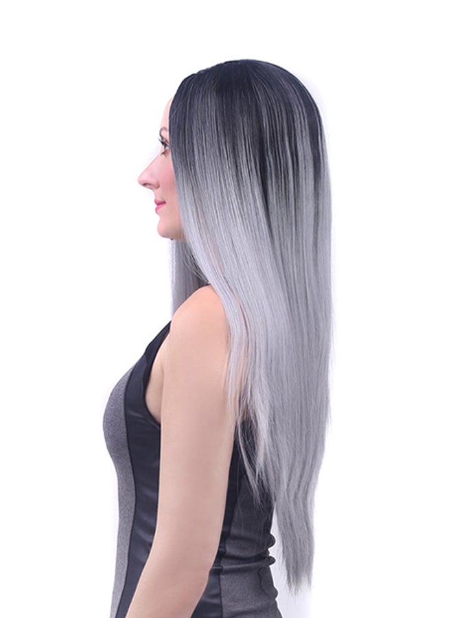 Voberry Cosplay Party Granny Gray  Long Straight Hair Wig Black/Grey 20x20x5cm - Image 1