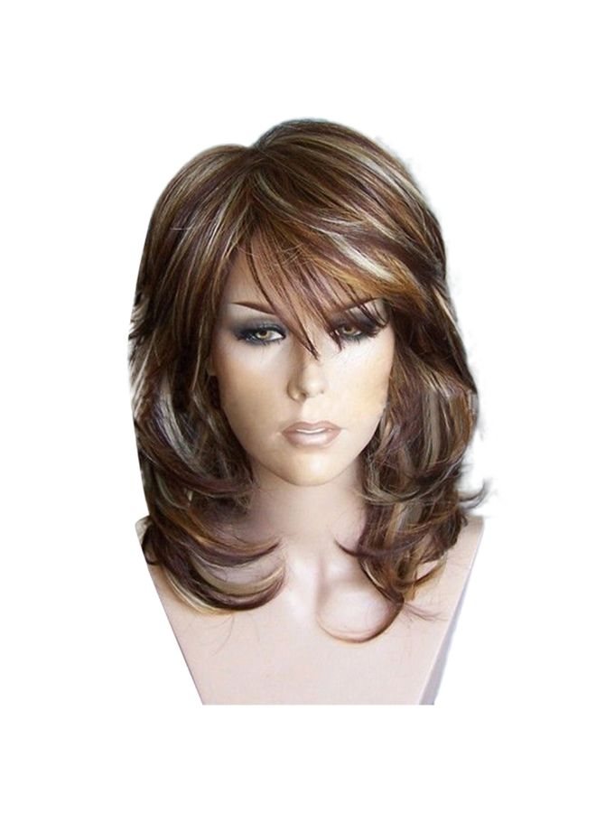 Voberry Medium Side Bang Highlighted Layered Slightly Curled Synthetic Wig Brown 18x10x3cm - Image 4