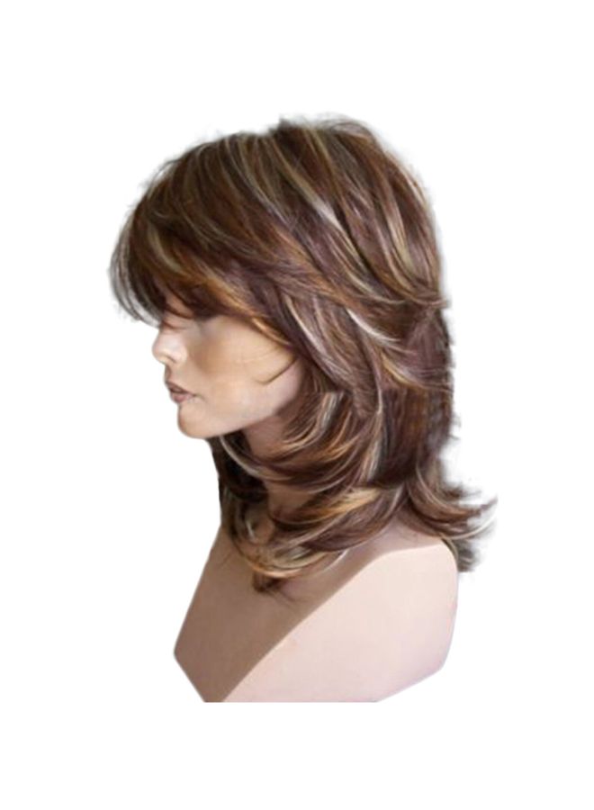 Voberry Medium Side Bang Highlighted Layered Slightly Curled Synthetic Wig Brown 18x10x3cm - Image 2