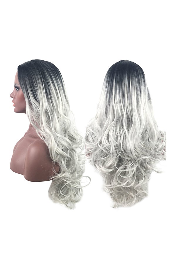 فوبيري شعر مستعار طويل مموج مصنوع من ألياف صناعية ومقاوم للحرارة للحفلات التنكرية رمادي مُغبر 20x18x3سم - Image 1