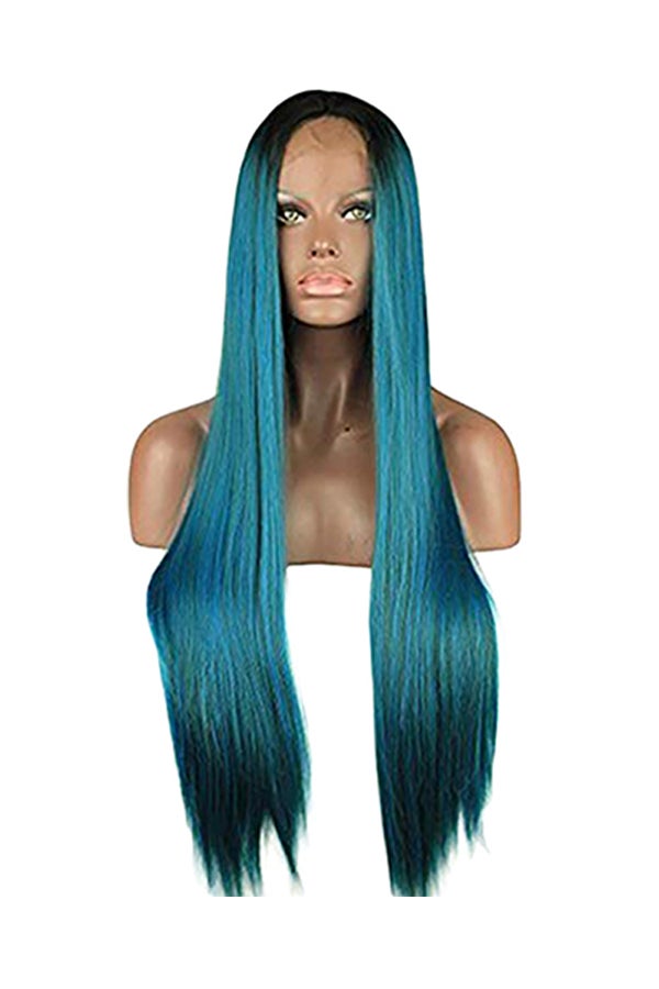 Voberry Synthetic Straight Lace Front Wig Cyan Blue 20x18x3cm - Image 1