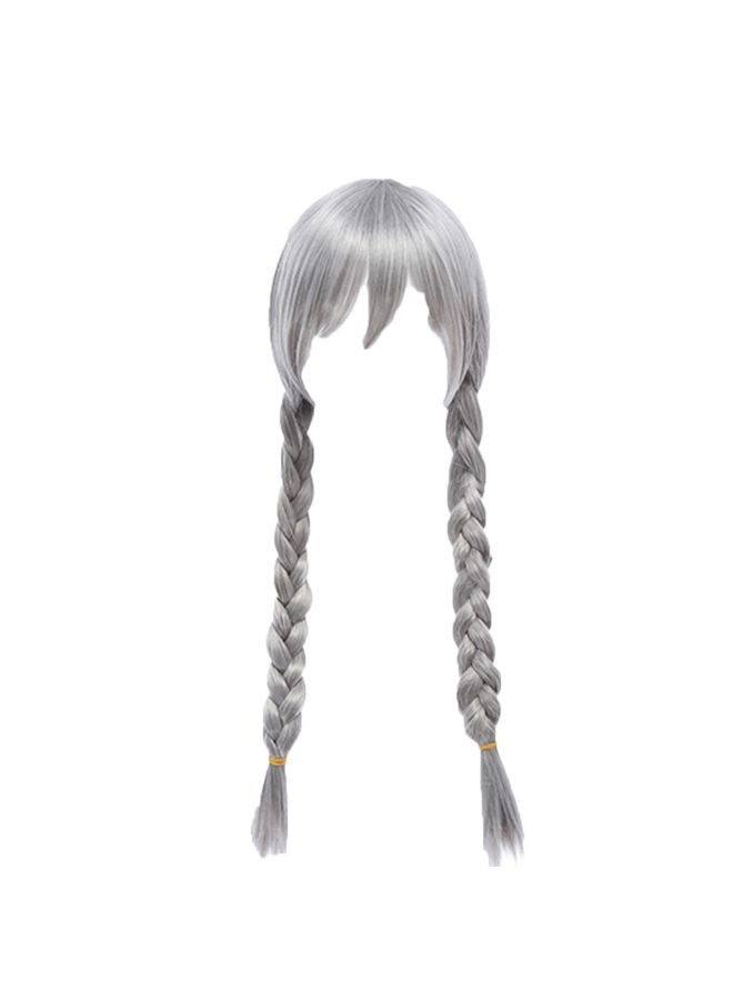 فوبيري شعر مستعار طويل للأطفال من الألياف الصناعية برباط أمامي مع ضفيرتين بلون أبيض متدرج رمادي 20x10x5سم - Image 2
