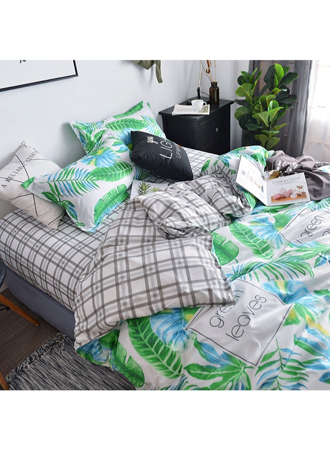 بيوينتي طقم أغطية سرير بطبعة ورقة شجر مكون من 4- قطع مختلط أبيض/أخضر/أزرق Quilt Cover 220x240 cm, Bedsheet 230x250 cm, Pillowcase 48x74سم  - Image 1