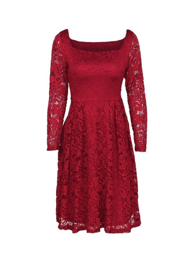 Full Sleeve Floral Lace Dress Red  - Image 1