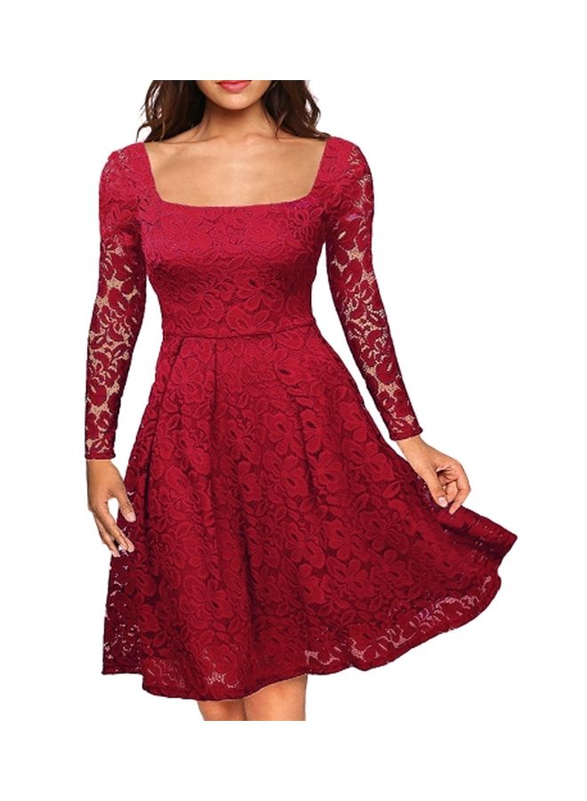 Full Sleeve Floral Lace Dress Red  - Image 3