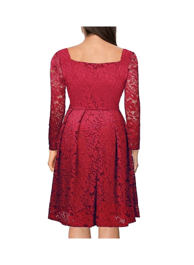 Full Sleeve Floral Lace Dress Red  - Image 4