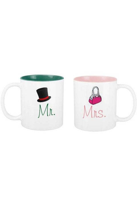 2-Piece Mr And Mrs Two-Tone Couple Mug White/Pink/Green