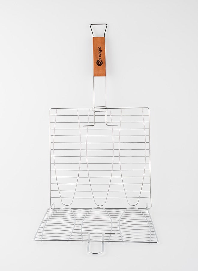 Double Fish Grid Chroomed Steel With Wooden Handle silver 28x28cm