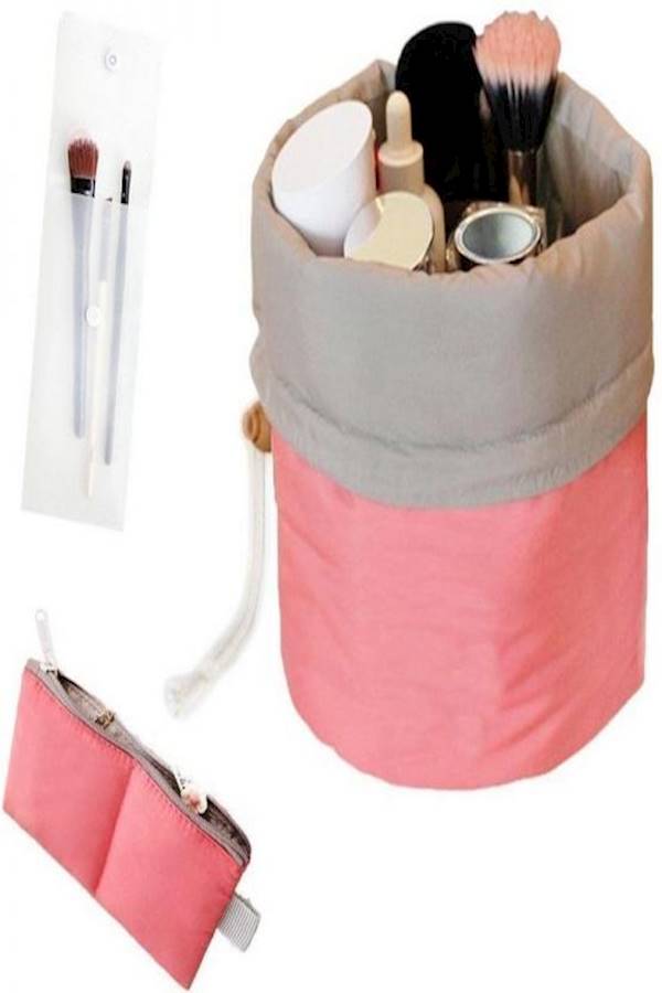Waterproof Travel Makeup Cosmetic Organizer Toiletry Storage Bag Dresser Pouch Round Cylinder Pink - Image 1