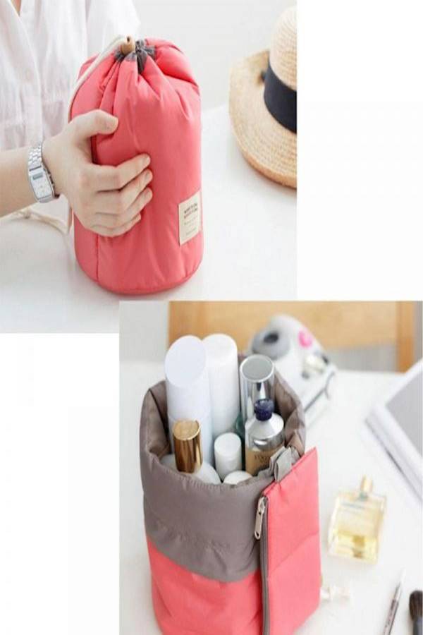 Waterproof Travel Makeup Cosmetic Organizer Toiletry Storage Bag Dresser Pouch Round Cylinder Pink - Image 3
