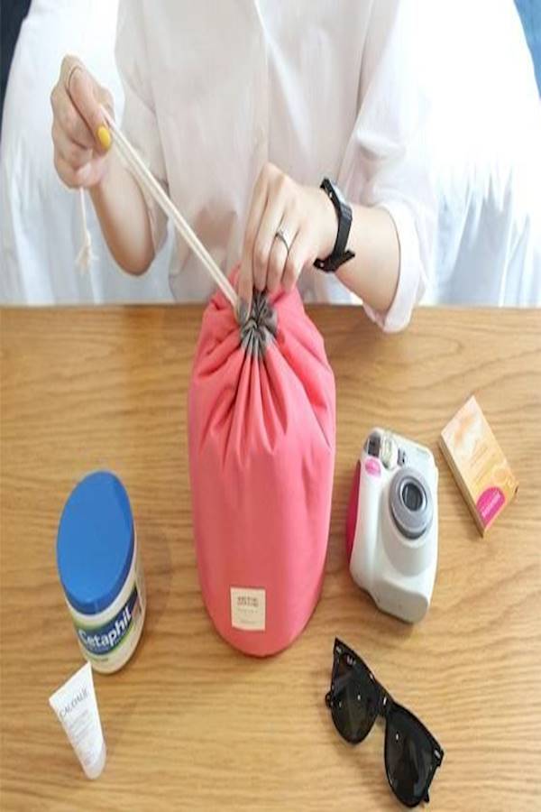 Waterproof Travel Makeup Cosmetic Organizer Toiletry Storage Bag Dresser Pouch Round Cylinder Pink - Image 4