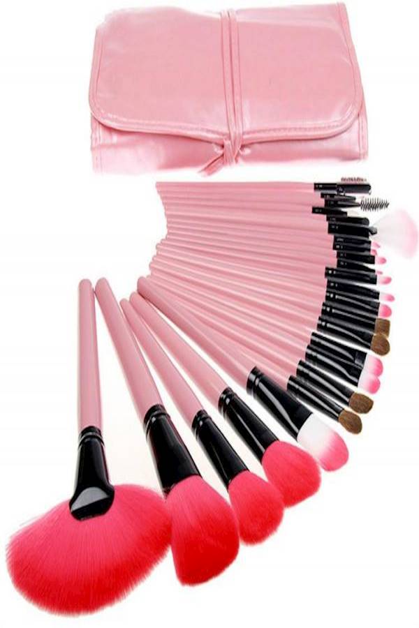 مجموعة فراشي المكياج الاحترافية من 24 قطعة، أدوات تجميل ومكياج مع حقيبة جلدية ماركة ميكاب فور بيوتي وومن وردي