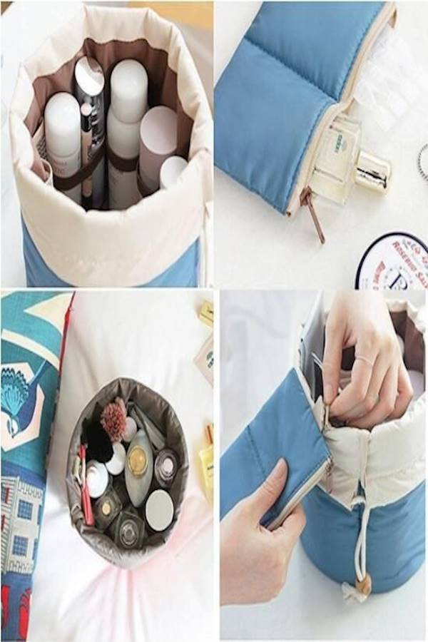 Travel Waterproof Cosmetic Bags Makeup Bag Travel Barrel Cases Kit Organizer Bathroom Storage Carry Case Toiletry Bags Multifunctional Bucket Toiletry Bag Polyester, Blue - Image 2