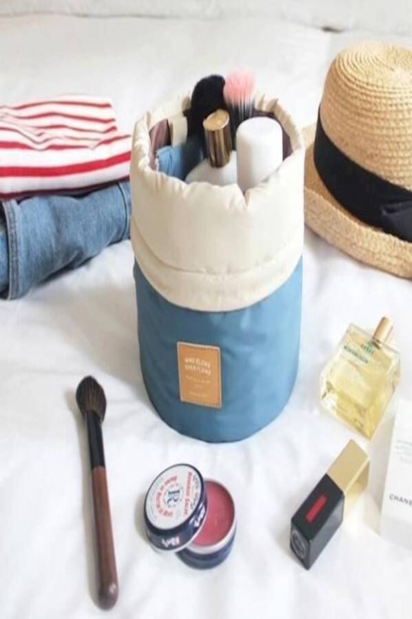 Travel Waterproof Cosmetic Bags Makeup Bag Travel Barrel Cases Kit Organizer Bathroom Storage Carry Case Toiletry Bags Multifunctional Bucket Toiletry Bag Polyester, Blue - Image 3