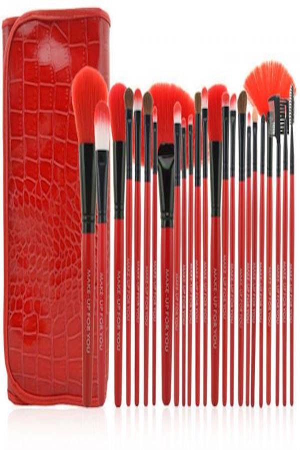 Make-Up For You 24 pieces Professional Makeup Brush Cosmetic Brushes Kit Set with Folding PU Leather Bag - Red - Image 1
