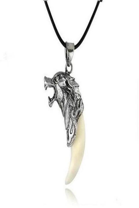 Mens Metal Wolf Head Teeth Pendant Necklace