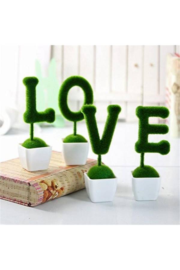 Generic Home Decorative Artificial Topiary Set, Hedge Artificial Plant Set, Linen Base, Fake Plant Letters, Set Of 4 (Love)  - Image 2