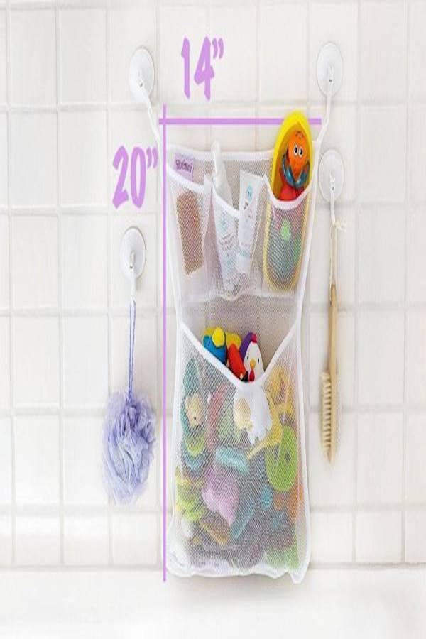 Bath Toy Organizer - Xl Baby Bath Toys Bin With 3 Extra Pockets For Soaps & Shampoos Mold Resistant Quick Dry Mesh  - Image 3