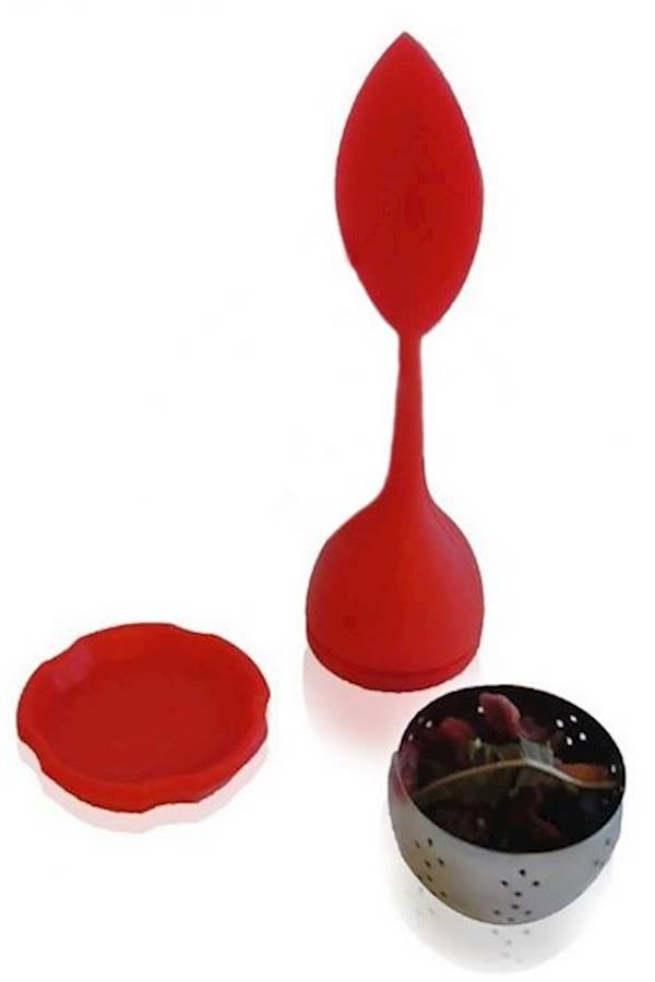 Generic - Tea Infuser Leaf Strainer Handle with Steel Ball Silicone Leaf Lid RED - Image 1