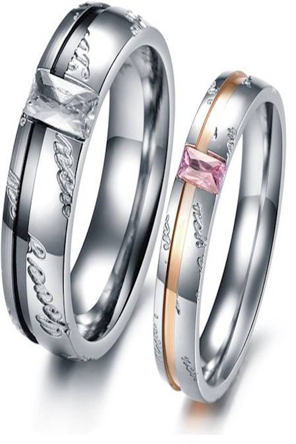 Stainless Steel Stone Studded Couple Ring - Image 2