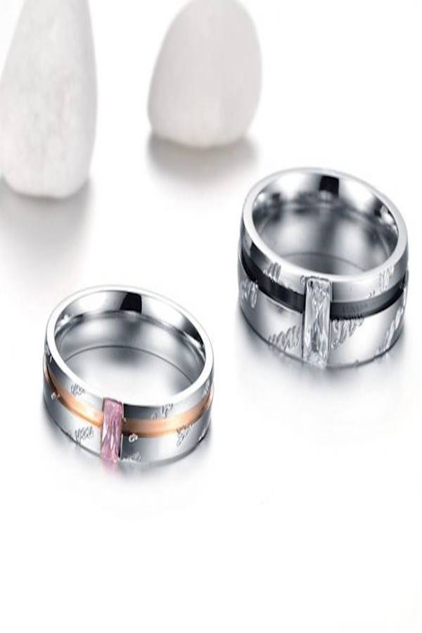 Stainless Steel Stone Studded Couple Ring - Image 4