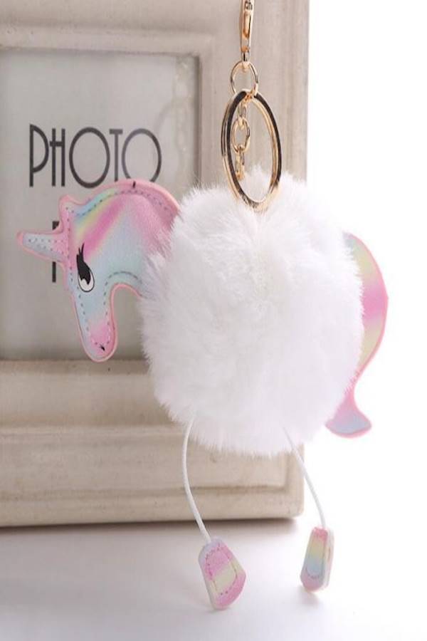 Generic Fox Pom Pom Fur Ball Rhinestone Keychain White  - Image 2
