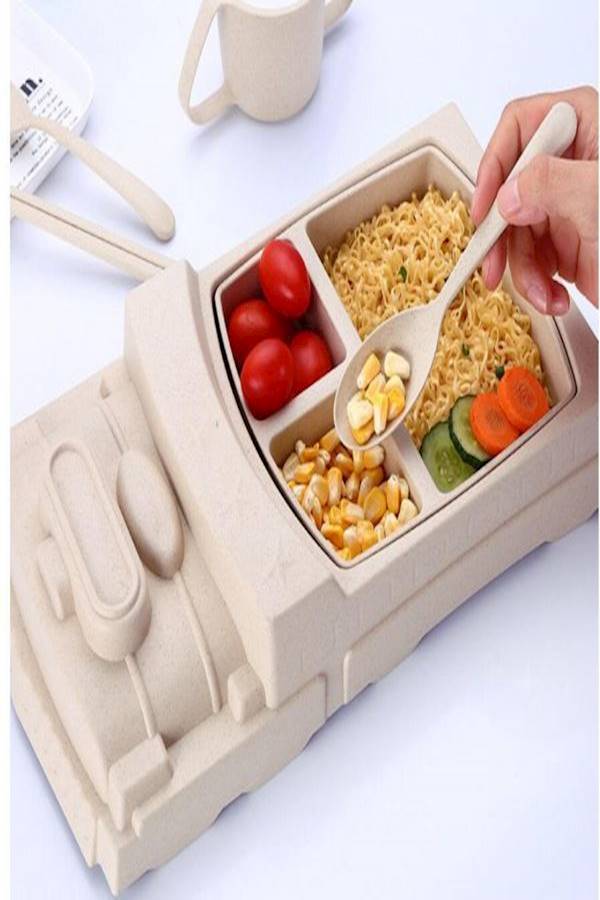 5pcs Baby Train Tableware Feeding Dishware Children Cartoon Plate Bowl Fork Spoon Cup Food Dishes Feeding Set