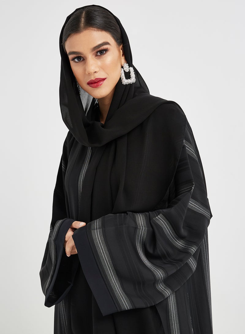 Hayat Stripe Print Abaya Black - Image 4